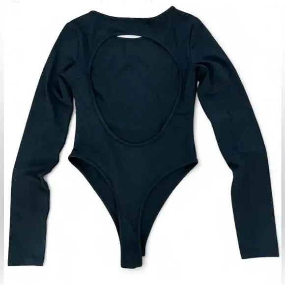 EYE-CATCHING Bodysuit | SZ M | Black Open-Back Cutout Shapewear Long Sleeve Top - Picture 7 of 9